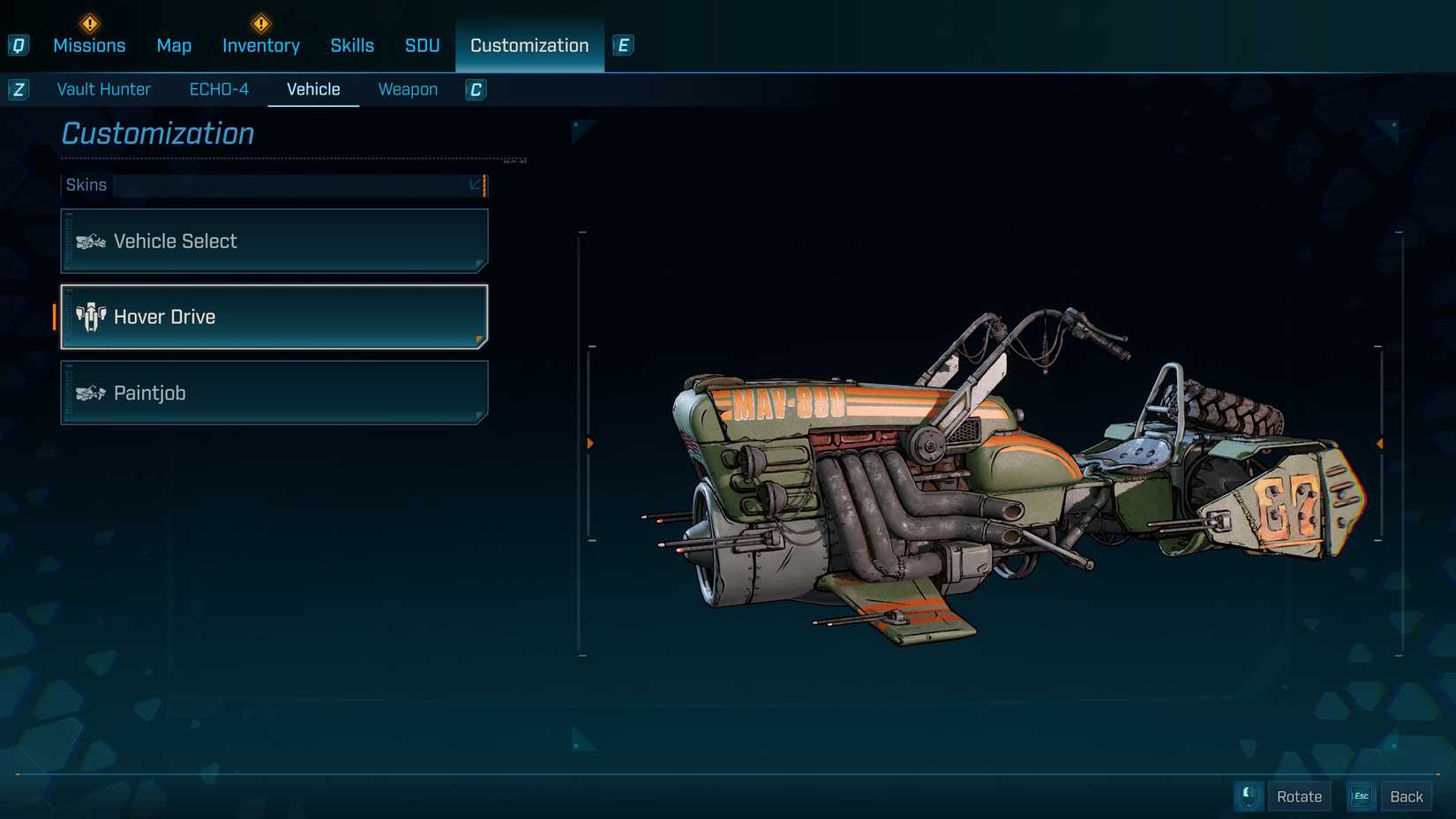O menu de personalização do veículo em Borderlands 4