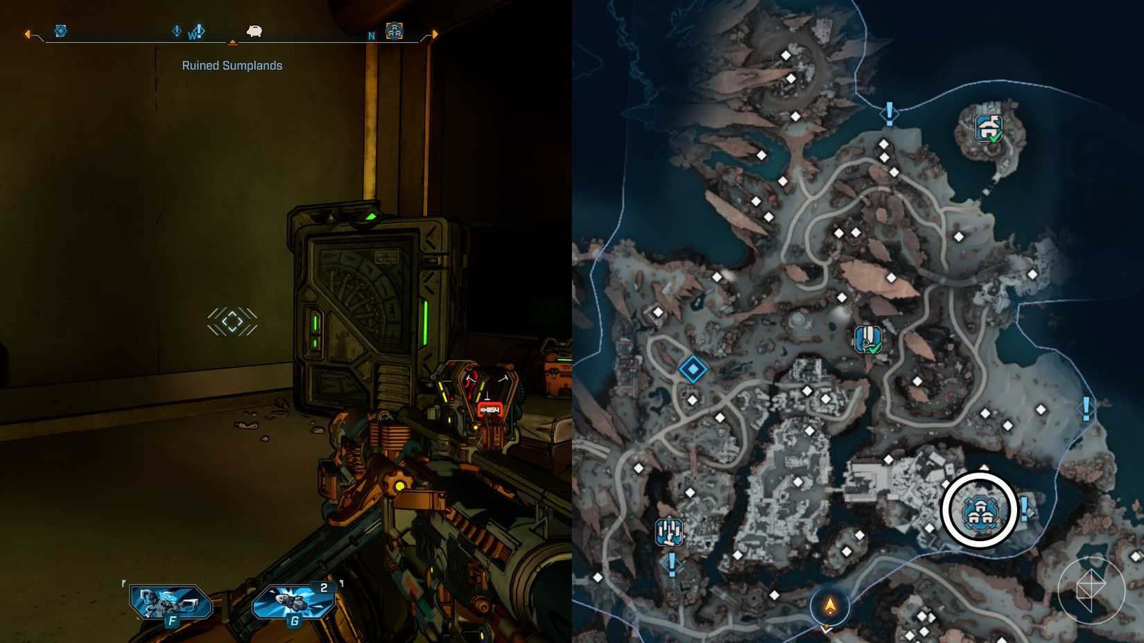 Uma montagem de duas imagens Borderlands 4 mostrando a localização da máquina do banco em Carcadia