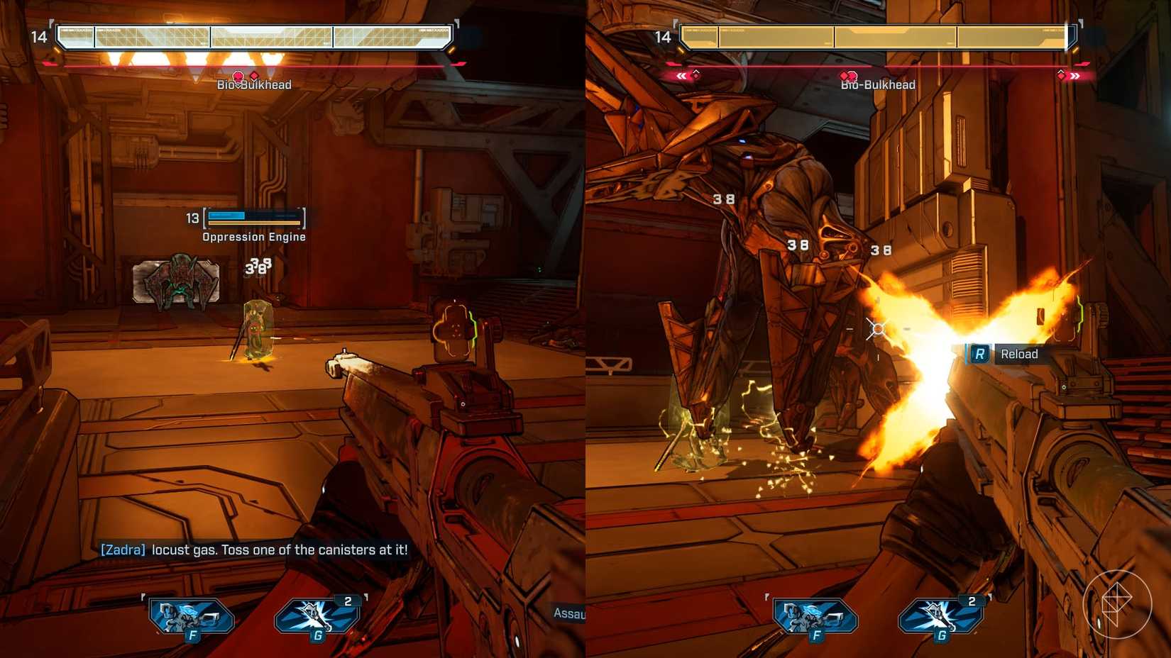 Uma montagem de duas imagens de Borderlands 4 mostrando a barra de saúde da Bio-Bulkhead e como eles podem identificar se o chefe tem seu escudo