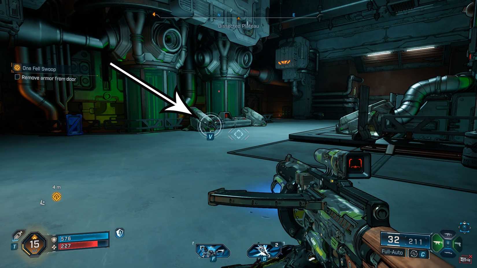 Uma captura de tela de Borderlands 4 mostrando onde os jogadores encontram a cápsula de gafanhoto para abrir o portão durante o "Um caiu" busca
