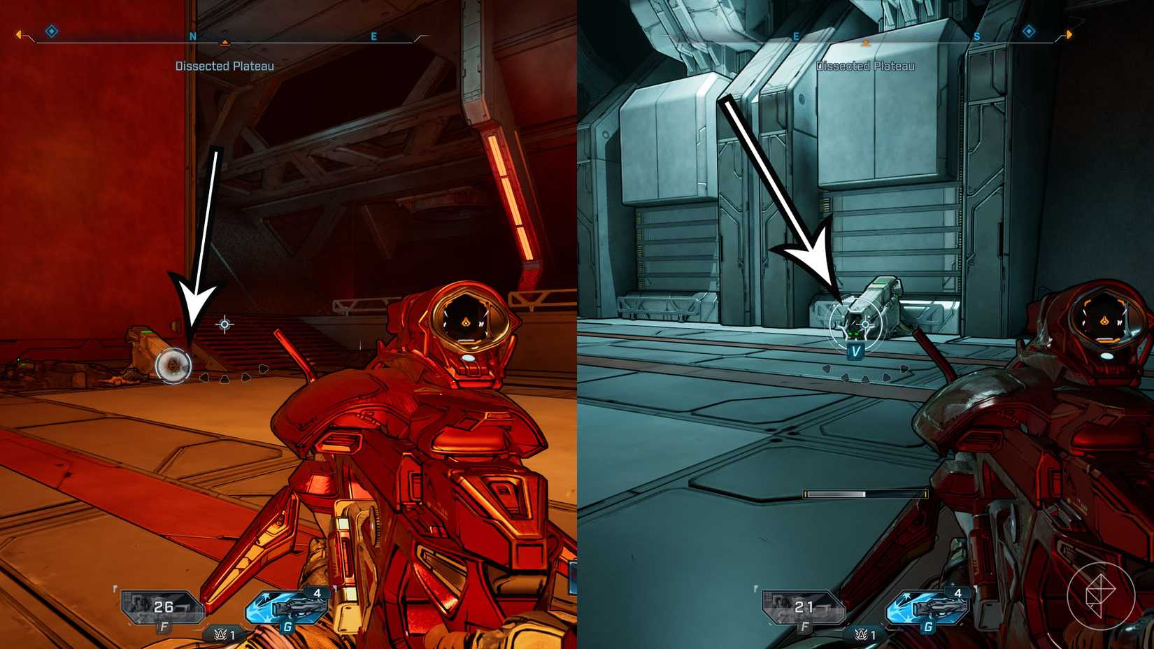 Uma montagem de duas imagens Borderlands 4 mostrando onde os jogadores podem encontrar as cápsulas de gafanhoto durante a luta contra o Bio-Bulkhead