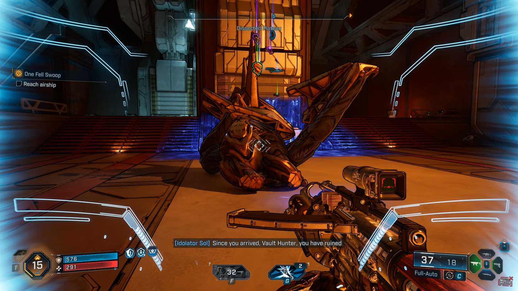 Uma captura de tela de Borderlands 4 mostrando armas pulando do corpo da bio-bulkhead depois que ele foi defeituoso