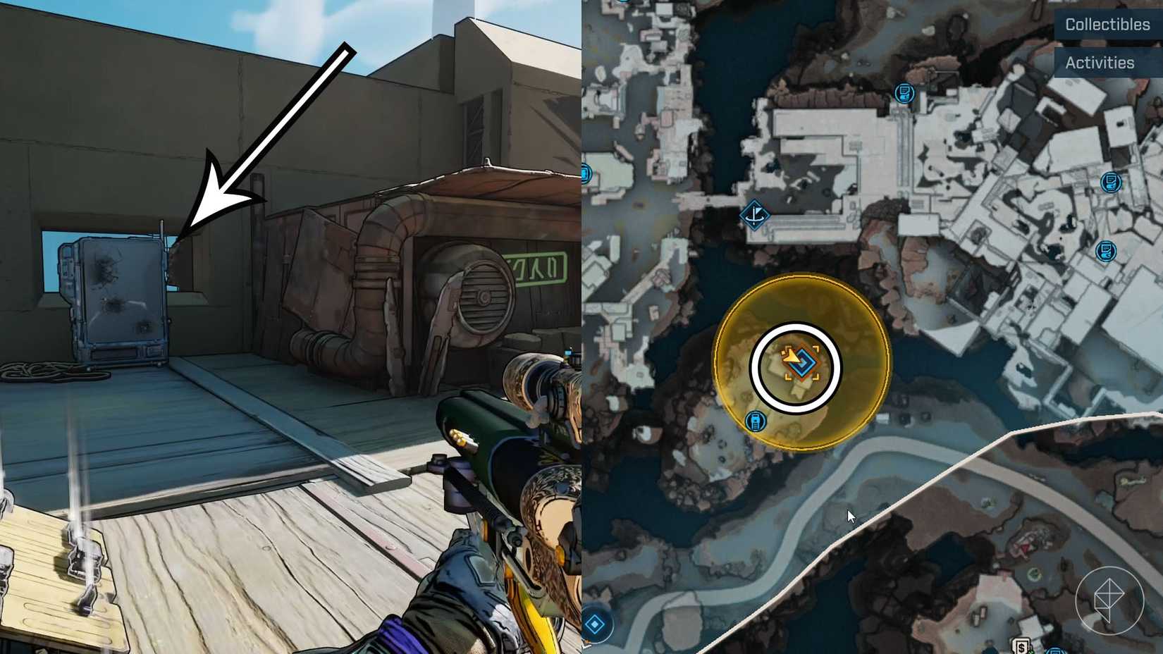Uma montagem de duas imagens de Borderlands 4 mostrando o local onde os jogadores podem encontrar a segunda máquina de venda automática no "Vender da linha" missão lateral