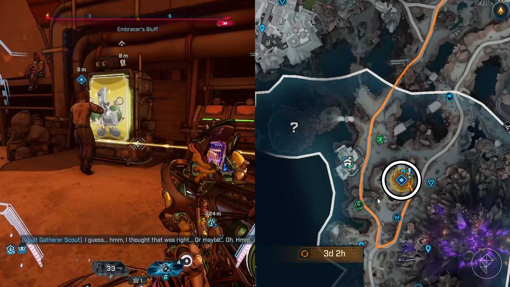Uma montagem de duas imagens Borderlands 4 mostrando o local onde os jogadores podem encontrar a quarta máquina de venda automática no "Vender da linha" missão lateral