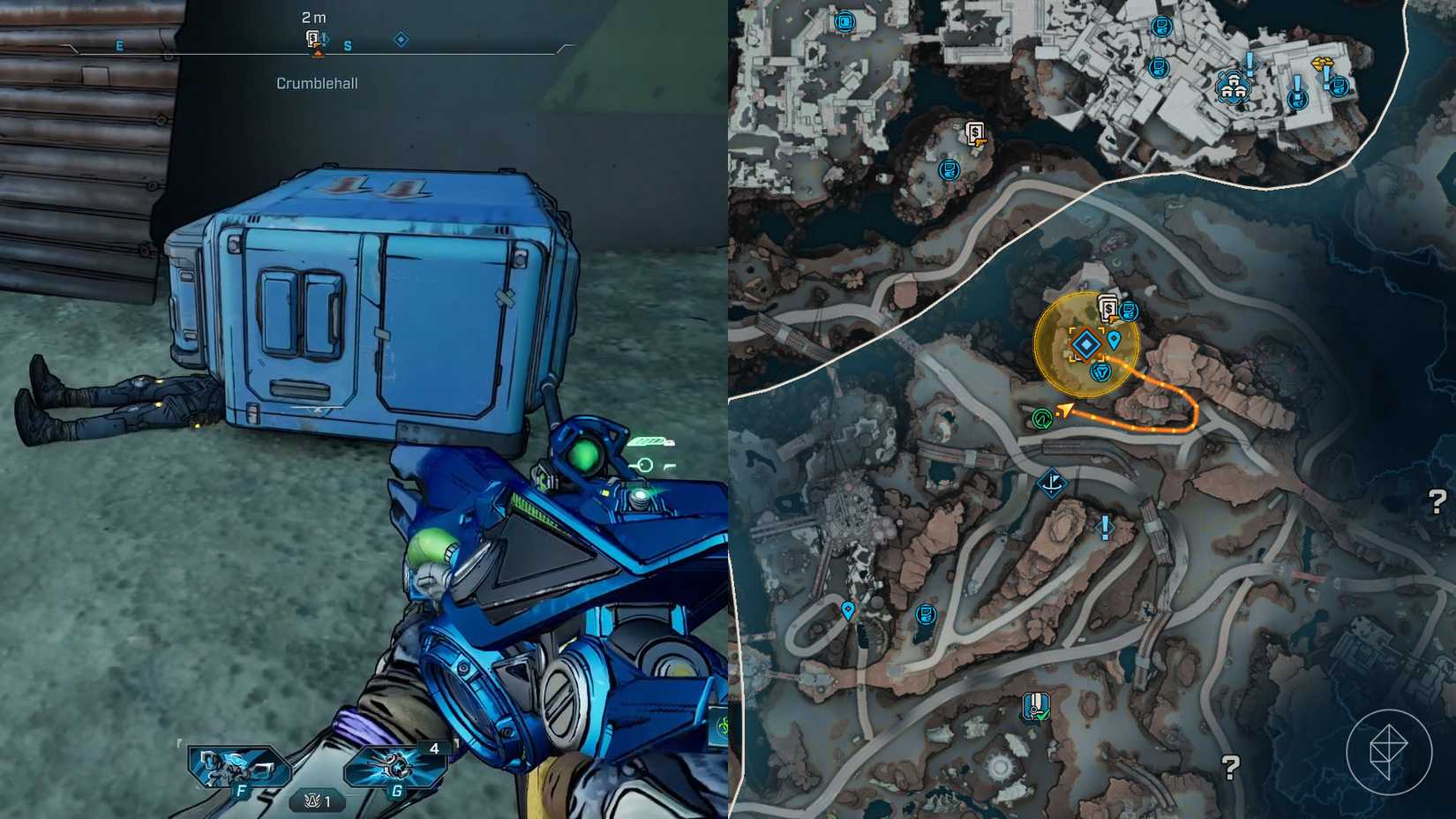 Uma montagem de duas imagens de Borderlands 4 mostrando o local onde os jogadores podem encontrar a terceira máquina de venda automática no "Vender da linha" missão lateral