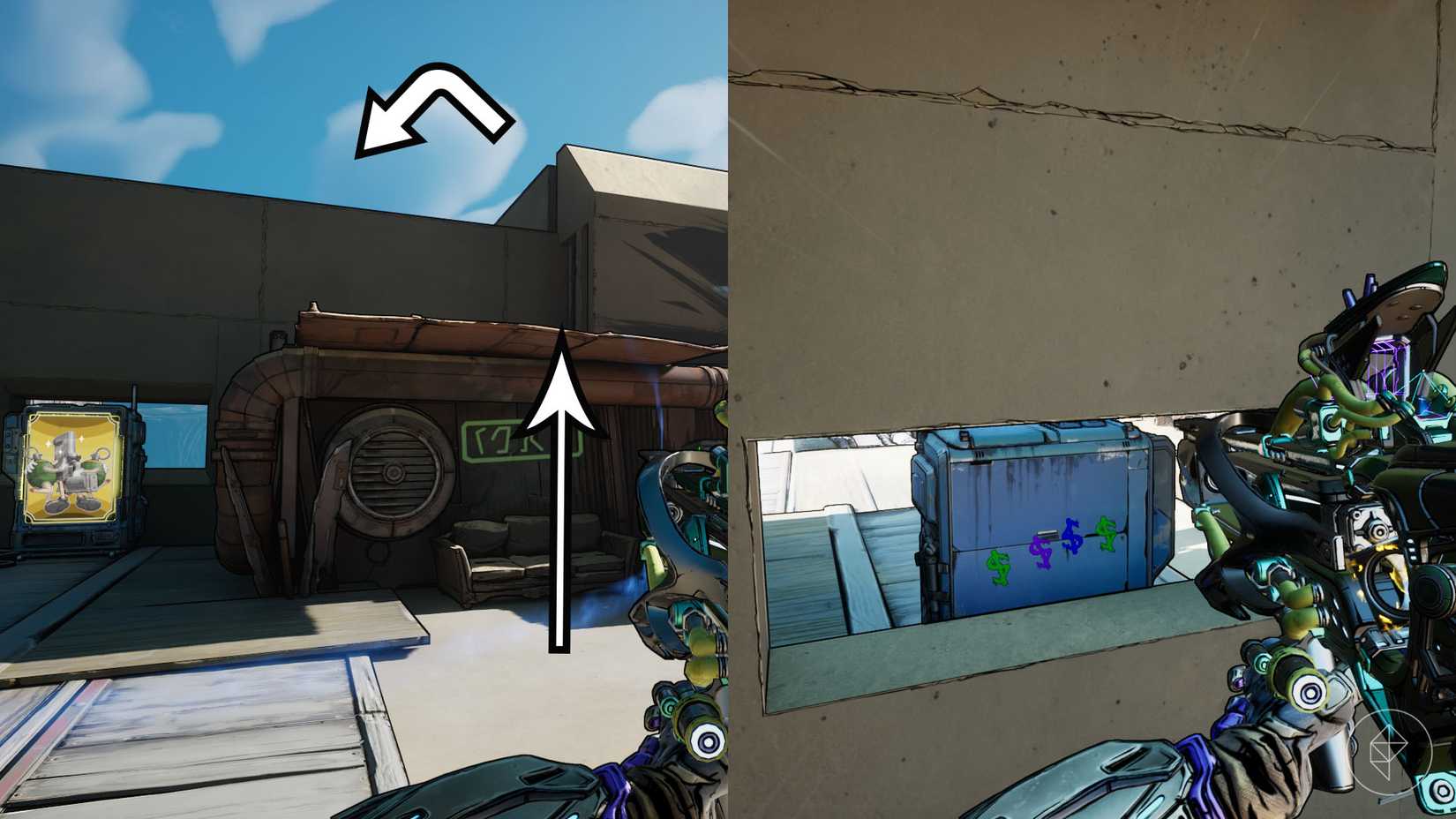   montagem de duas imagens de Borderlands 4 mostrando o local onde os jogadores podem encontrar o código para a segunda máquina de venda automática no "Vender da linha" missão lateral