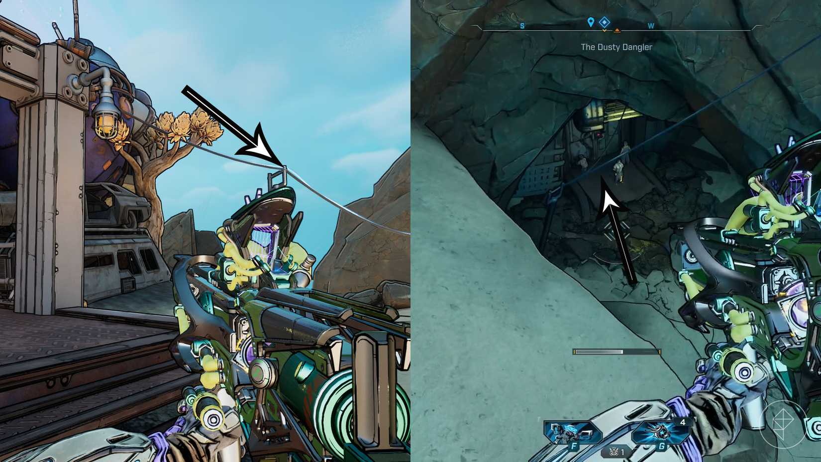 Uma montagem de duas imagens Borderlands 4 mostrando o local onde os jogadores podem encontrar a lendária máquina de venda automática no "Vender da linha" missão lateral