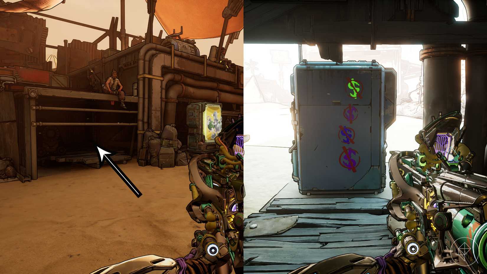Uma montagem de duas imagens Borderlands 4 mostrando o local onde os jogadores podem encontrar o código para a quarta máquina de venda automática no "Vender da linha" missão lateral