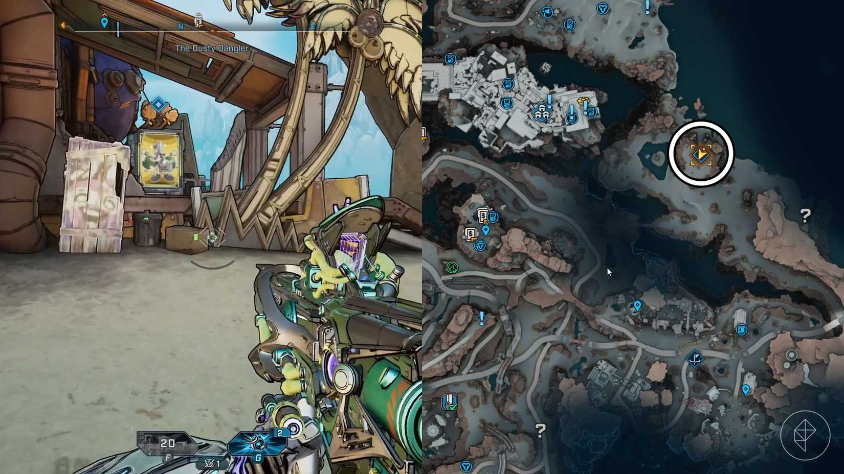 Uma montagem de duas imagens Borderlands 4 mostrando o local onde os jogadores podem encontrar a quinta máquina de venda automática no "Vender da linha" missão lateral
