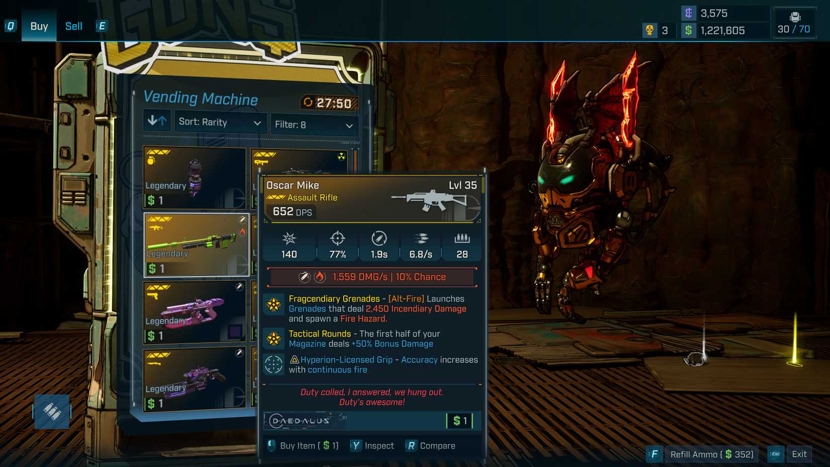 Uma captura de tela de Borderlands 4 mostrando as recompensas que você pode obter da lendária máquina de venda automática no "Vender da linha" busca