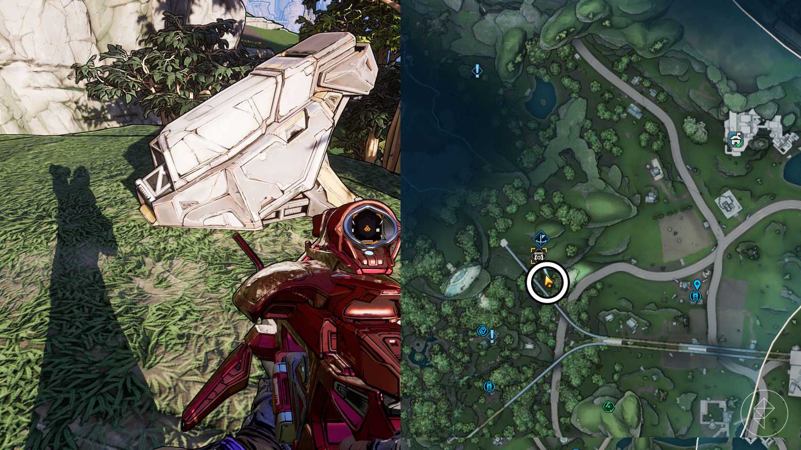 Uma montagem de duas imagens Borderlands 4 mostrando a localização do Blacklime Bunker Locust Vial