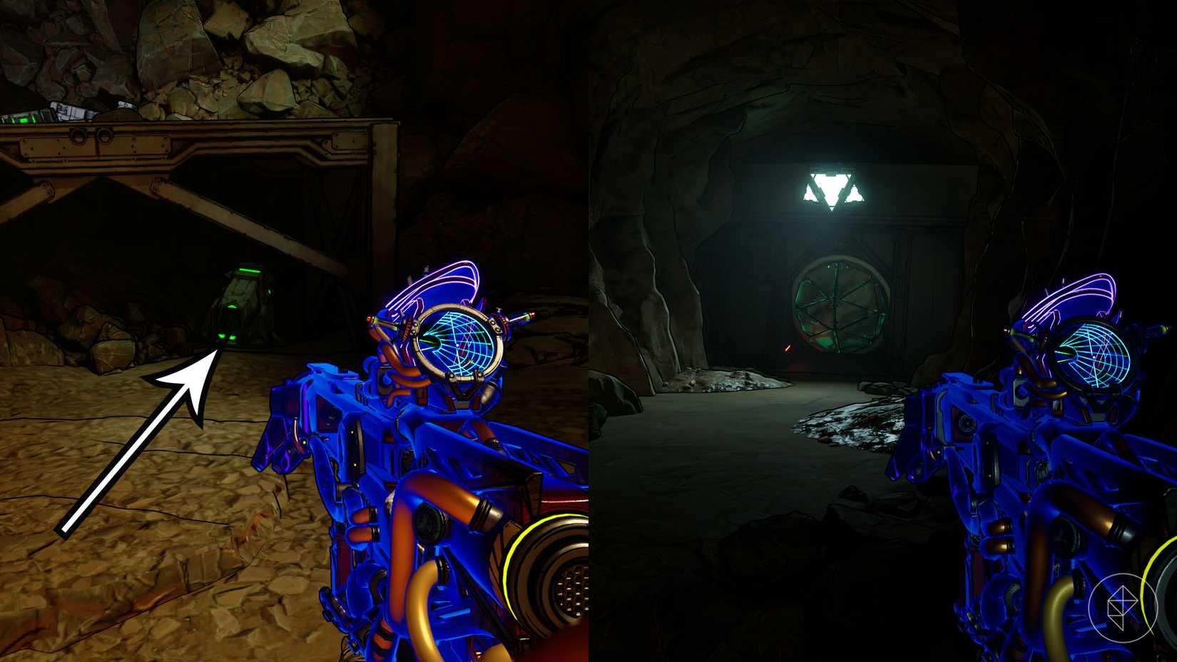 Uma montagem de duas imagens Borderlands 4 mostrando a localização do Crawlcroft Bunker Locust Vial