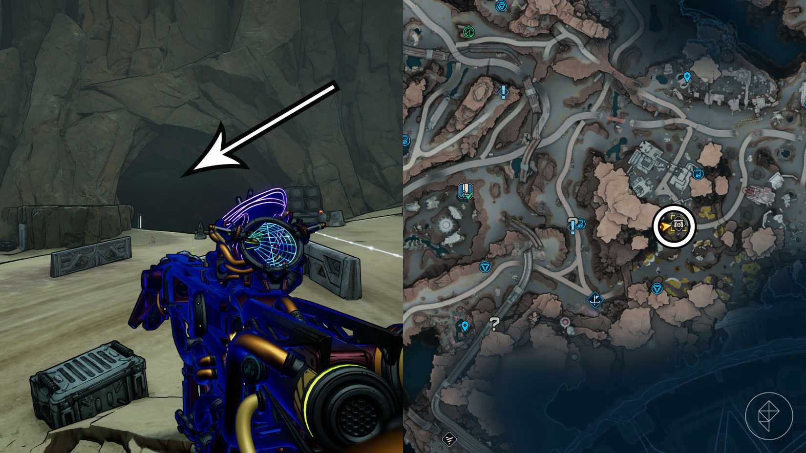 Uma montagem de duas imagens de Borderlands 4 mostrando a localização do bunker Crawlcroft