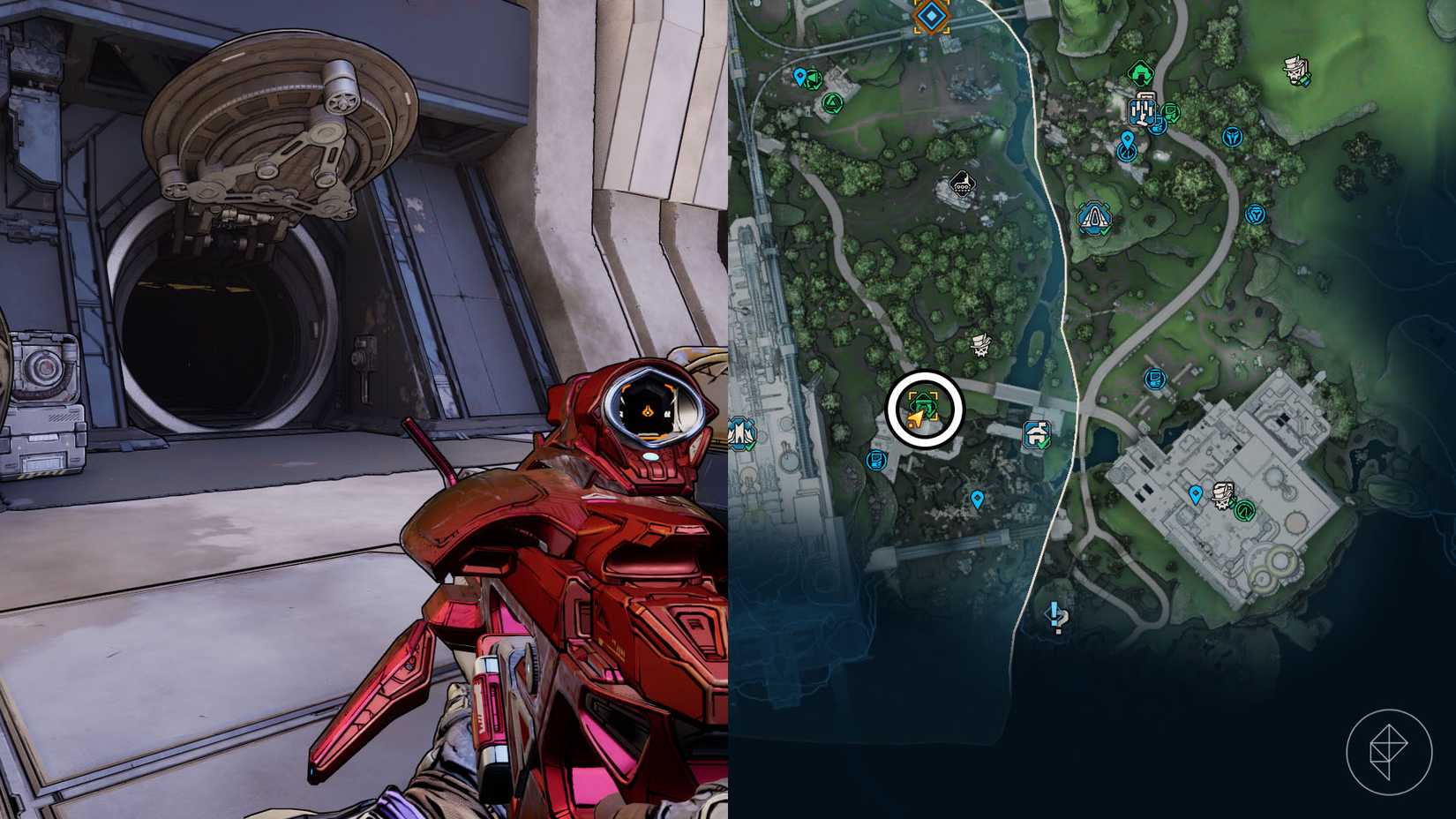 Uma montagem de duas imagens Borderlands 4 mostrando a localização do bunker de ponto de inflexão