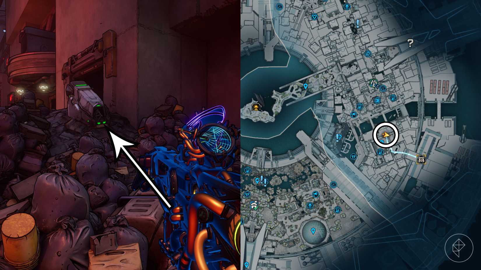 Uma montagem de duas imagens Borderlands 4 mostrando a localização do gafanhoto para o Ironwall Resolvet Bunke