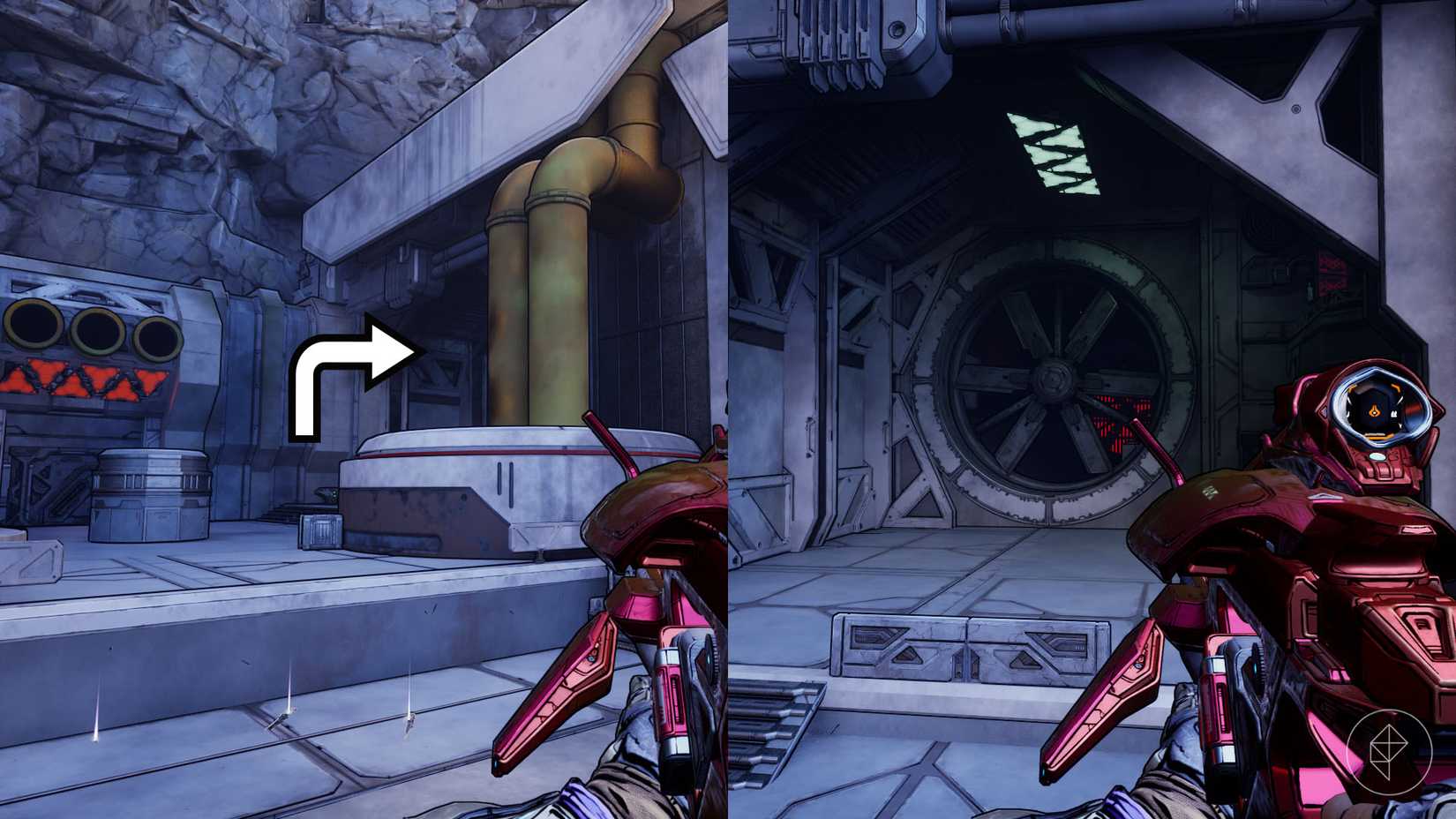 Uma montagem de duas imagens de Borderlands 4 mostrando a localização dos jogadores do corredor, precisam encontrar para alcançar o frasco de gafanhoto para o bunker de ponto de inflexão