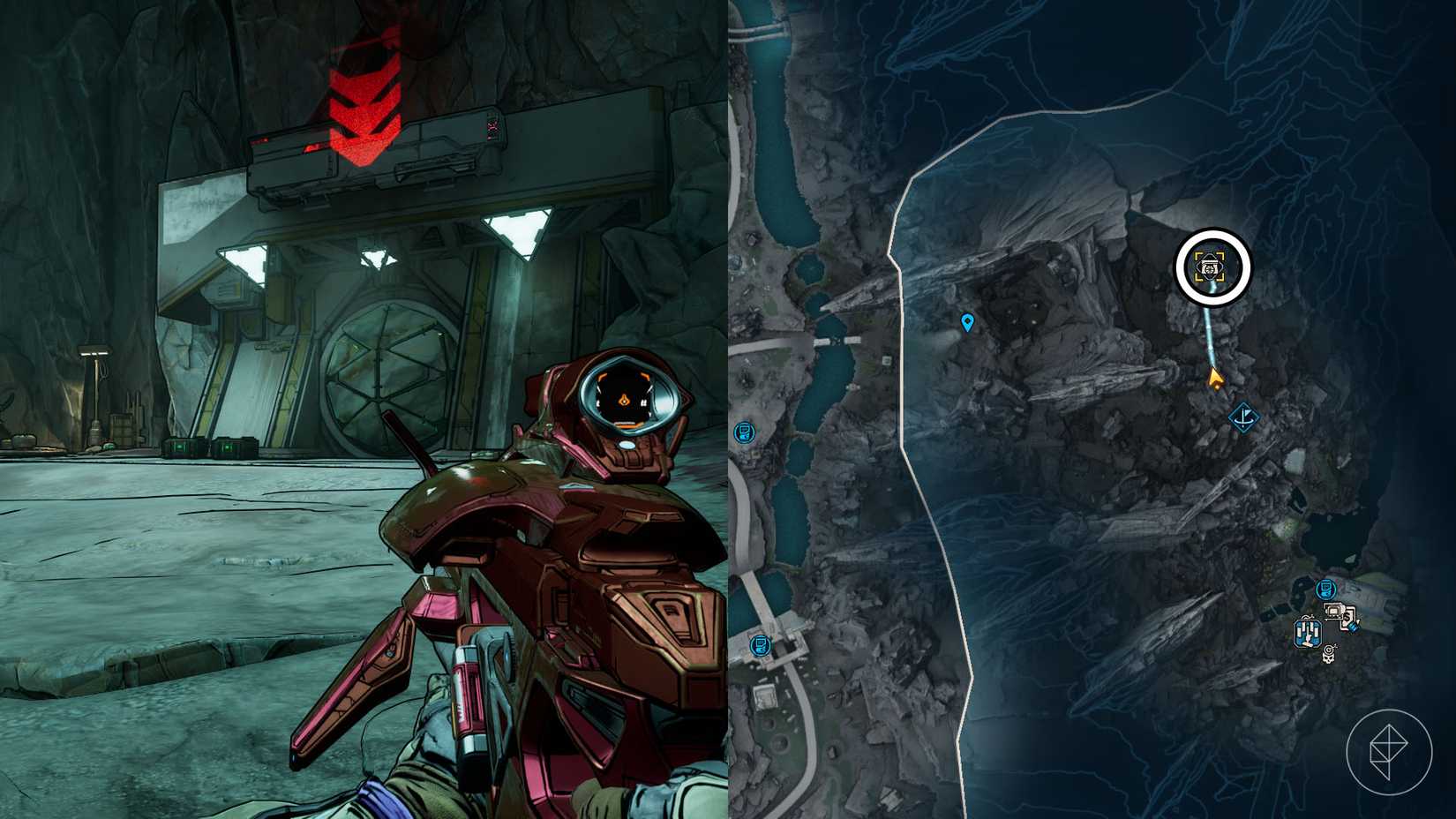 Uma montagem de duas imagens Borderlands 4 mostrando a localização do bunker do canto do Craven