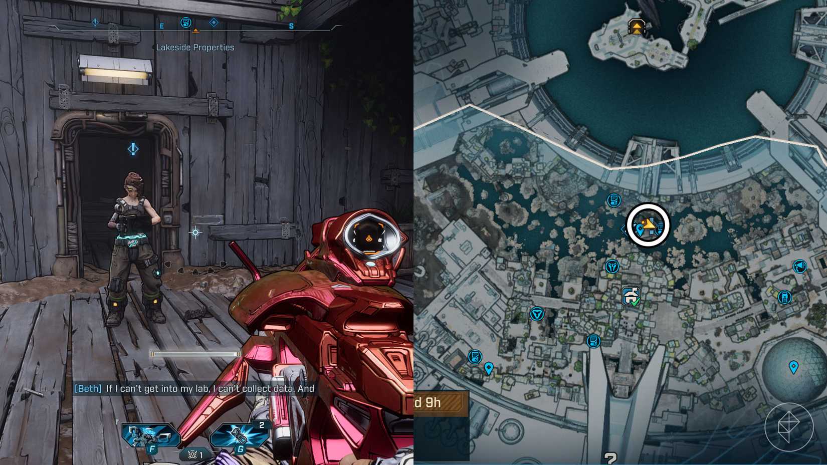 Uma montagem de duas imagens de Borderlands 4 mostrando a localização do "Um problema de Gassy" missão lateral