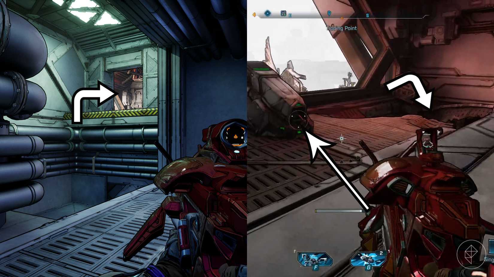 Uma montagem de duas imagens de Borderlands 4 mostrando a localização do gafanhoto para o bunker de ponto de inflexão