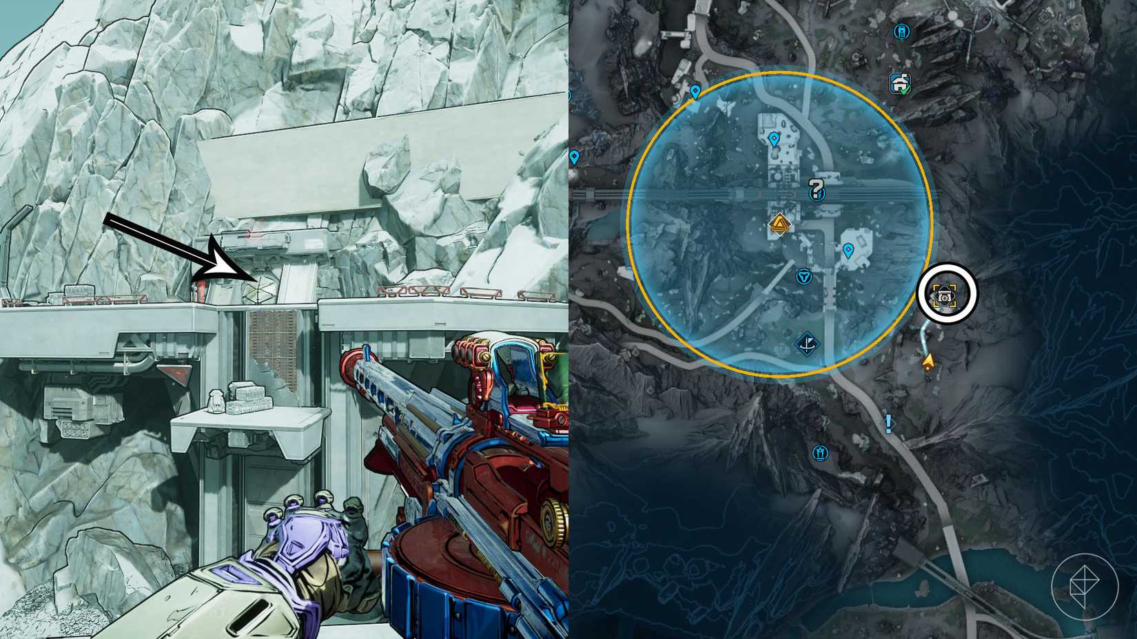 Uma montagem de duas imagens Borderlands 4 mostrando a localização do bunker Wireworks