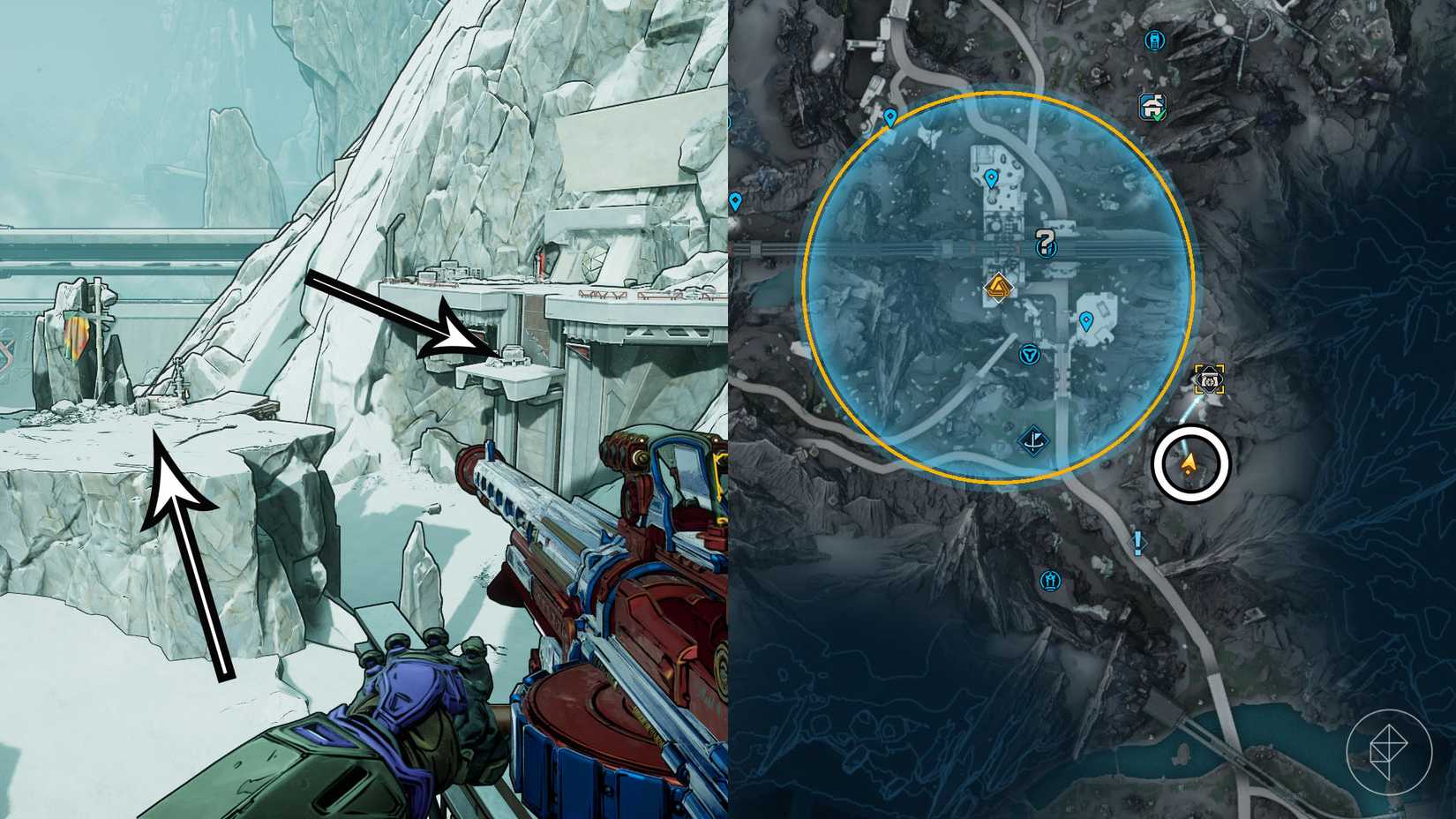 Uma montagem de duas imagens Borderlands 4 mostrando o local de onde os jogadores precisam deslizar para alcançar o bunker de Wireworks