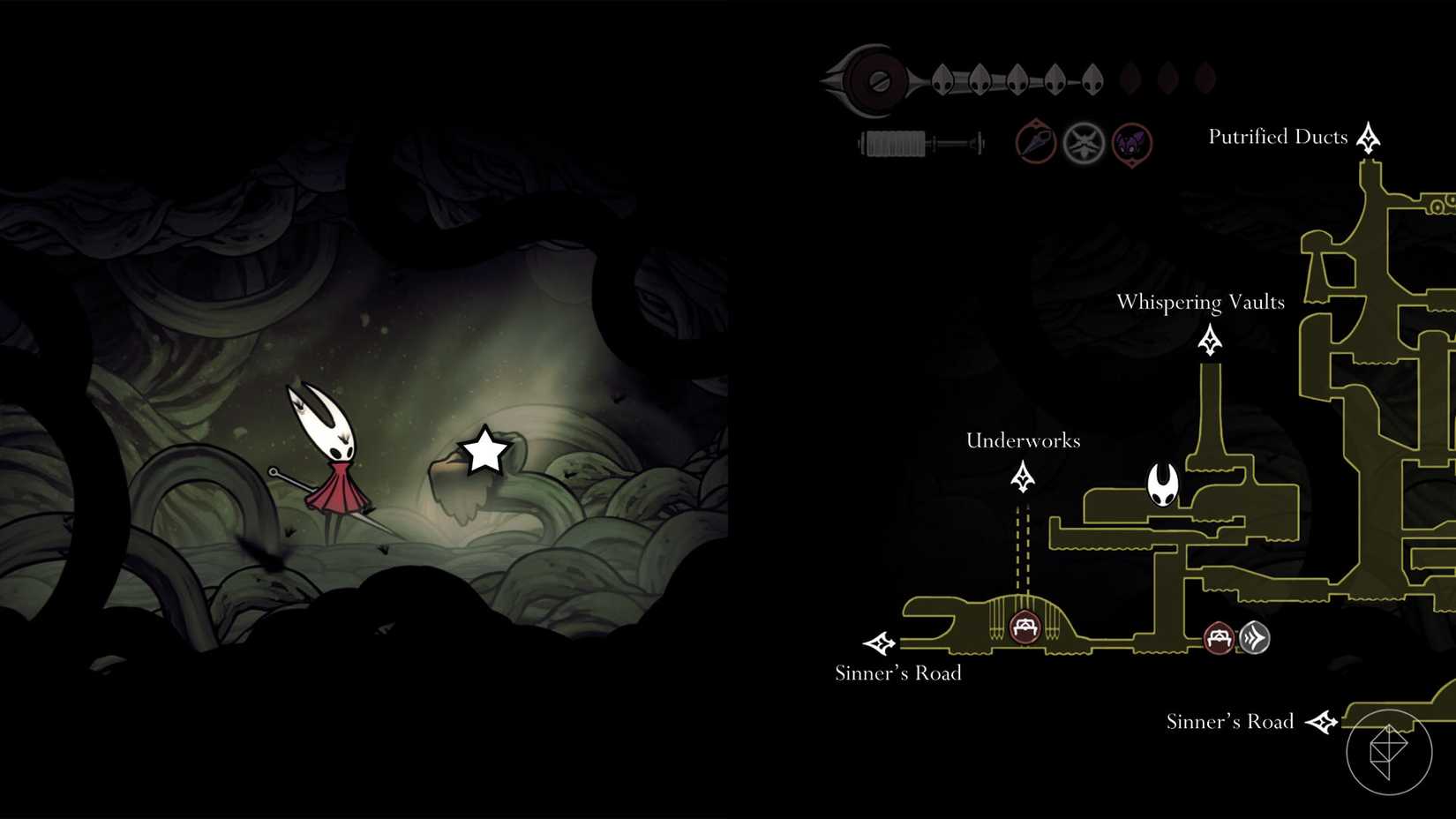 Hornet em pé ao lado do botão torcido, cuja localização está marcada no mapa de Bilewater em Silksong.