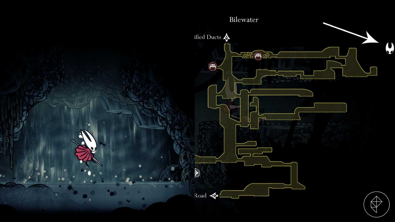 O caminho para a localização de Shakra na missão final da trilha em Hollow Knight: Silksong.
