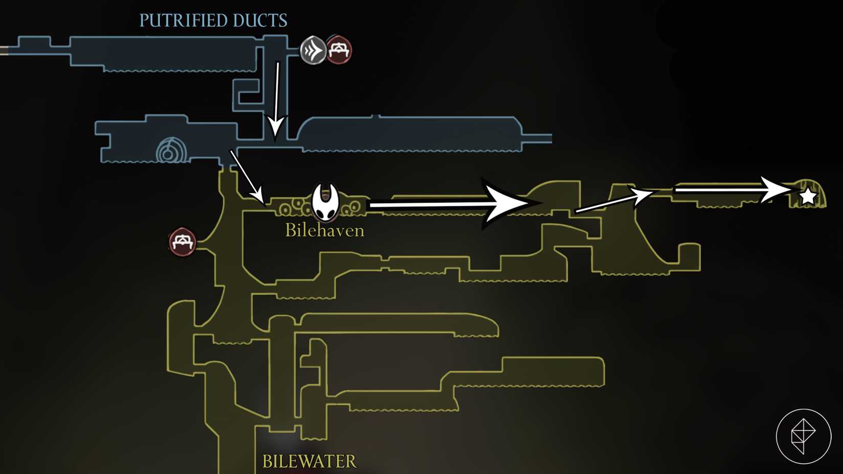 O caminho para a localização de Shakra na missão final da trilha em Hollow Knight: Silksong.