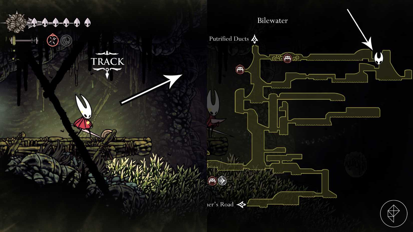 O caminho para a localização de Shakra na missão final da trilha em Hollow Knight: Silksong.