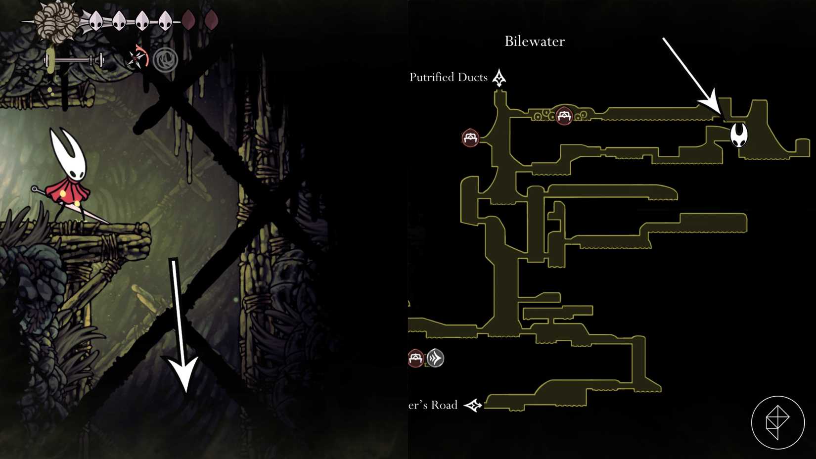 O caminho para a localização de Shakra na missão final da trilha em Hollow Knight: Silksong.
