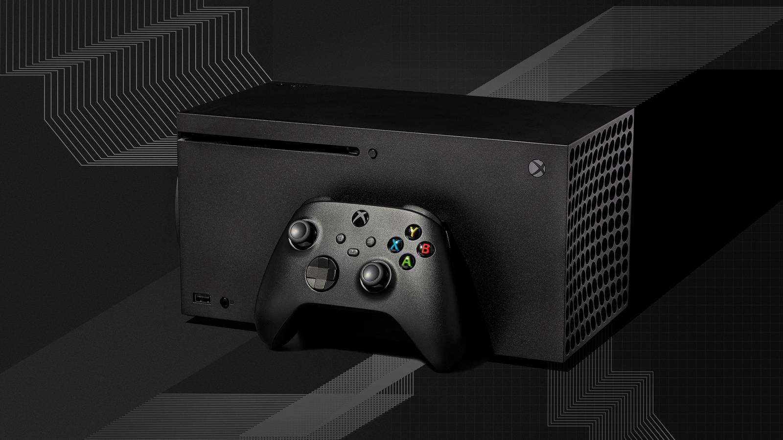 Xbox Series X Console e controlador em um fundo linear gráfico