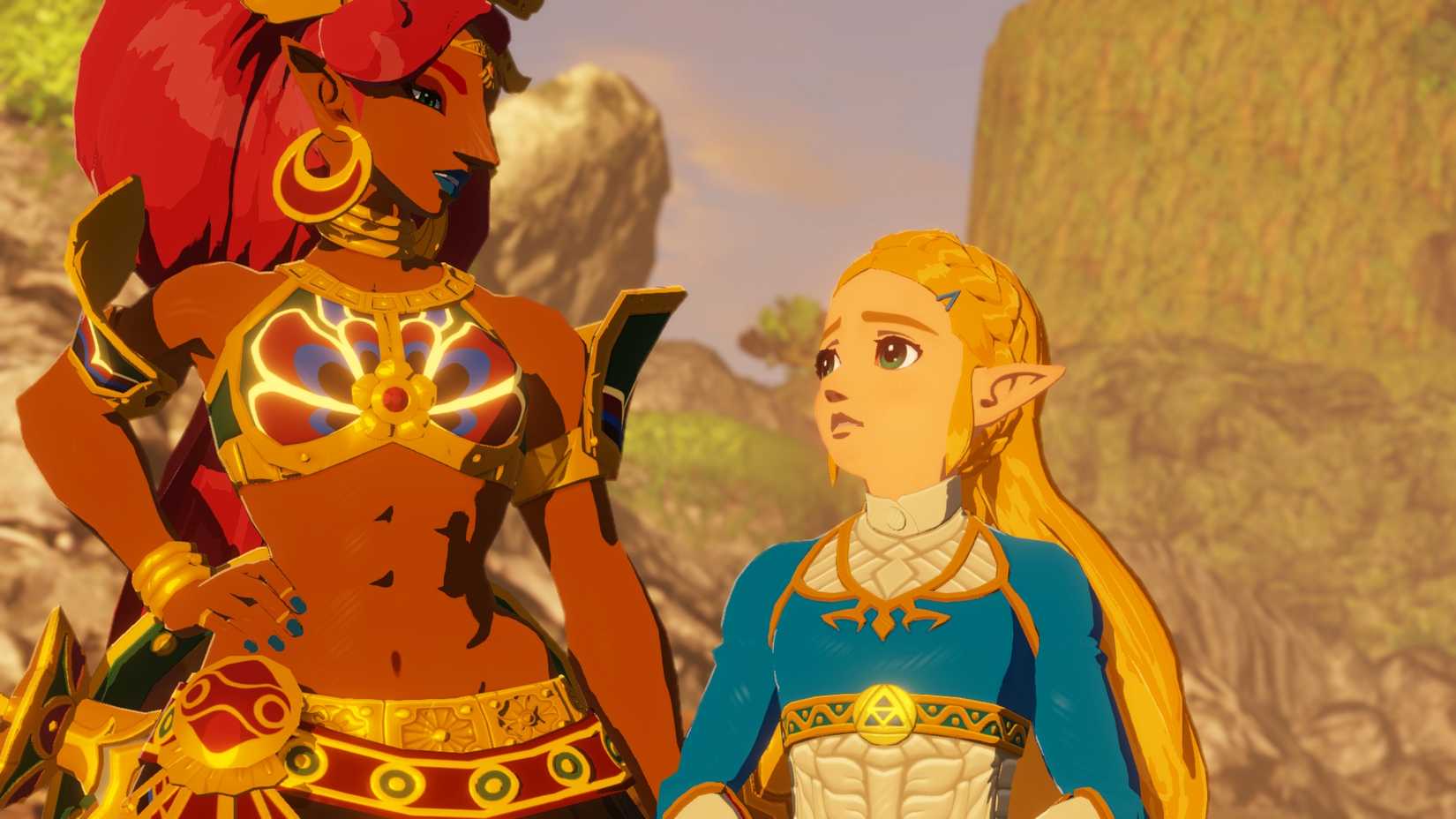 Zelda olha para Urbosa do Gerudo em uma captura de tela de Hyrule Warriors: Age of Calamity