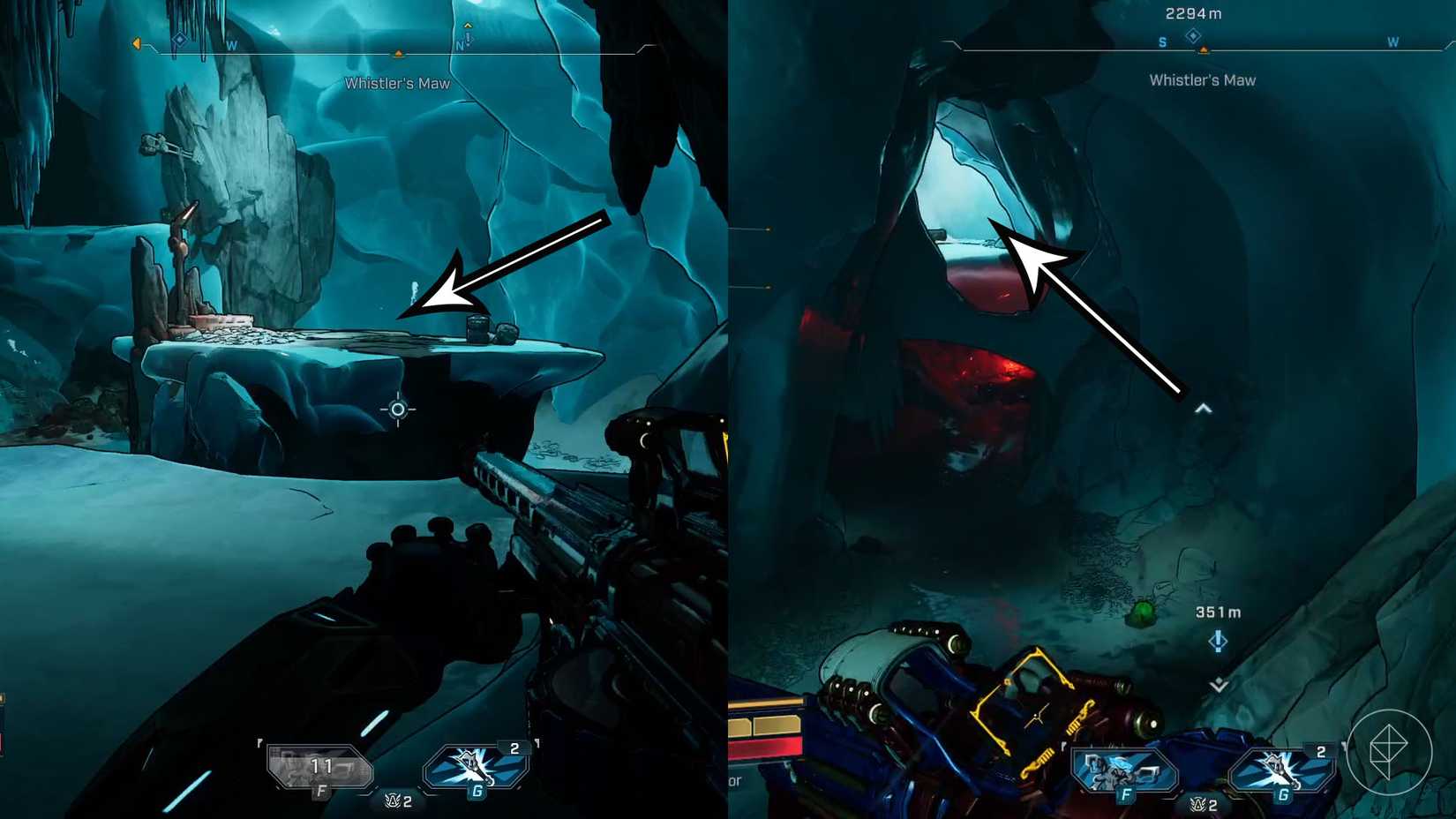 Uma montagem de duas imagens de Borderlands 4 mostrando o caminho que os jogadores devem seguir para encontrar o chefe do Shadowpelt. A primeira imagem (lado esquerdo) mostra a plataforma para a qual você precisa voar e a segunda imagem (lado direito) mostra para onde você deve deslizar. 