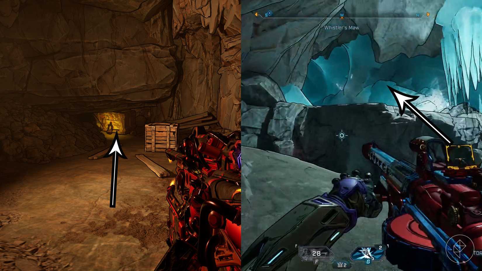 Uma montagem de duas imagens de Borderlands 4 mostrando o caminho que os jogadores devem seguir para encontrar o chefe do Shadowpelt. Em um iamge, você vê a caixa de madeira que deve quebrar para acessar a próxima sala e, no outro, o lugar que você deve ir para encontrar a próxima sala