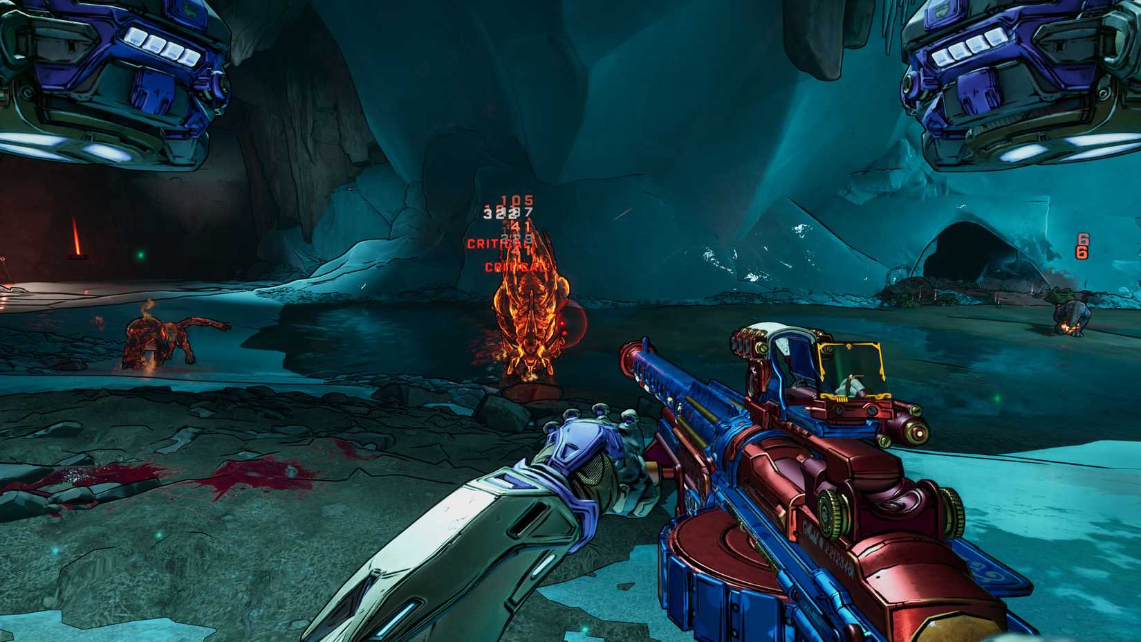 Uma captura de tela de Borderlands 4 mostrando o chefe do Sombrigeelt enquanto está em chamas devido a nossos ataques à base de incêndio