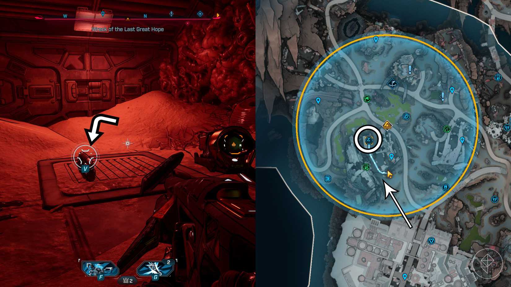 Uma montagem de duas imagens Borderlands 4 mostrando o local onde você encontra o segundo fragmento -chave para abrir o carcá