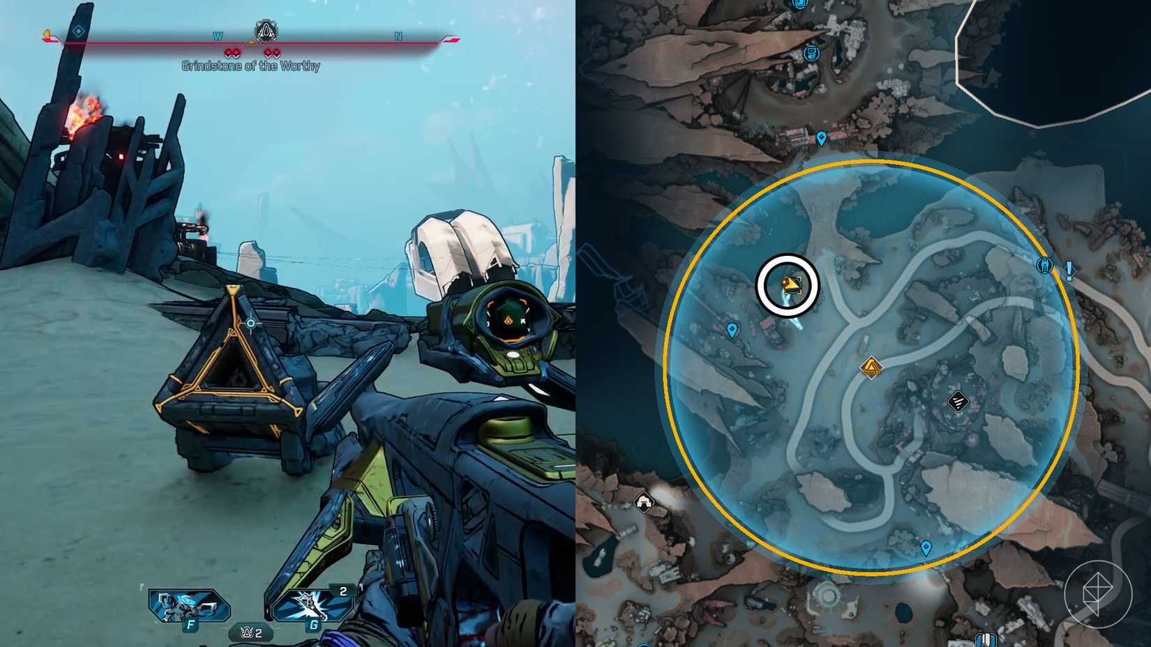Uma montagem de duas imagens de Borderlands 4 mostrando o local onde você encontra a entrada do cofre do carcá