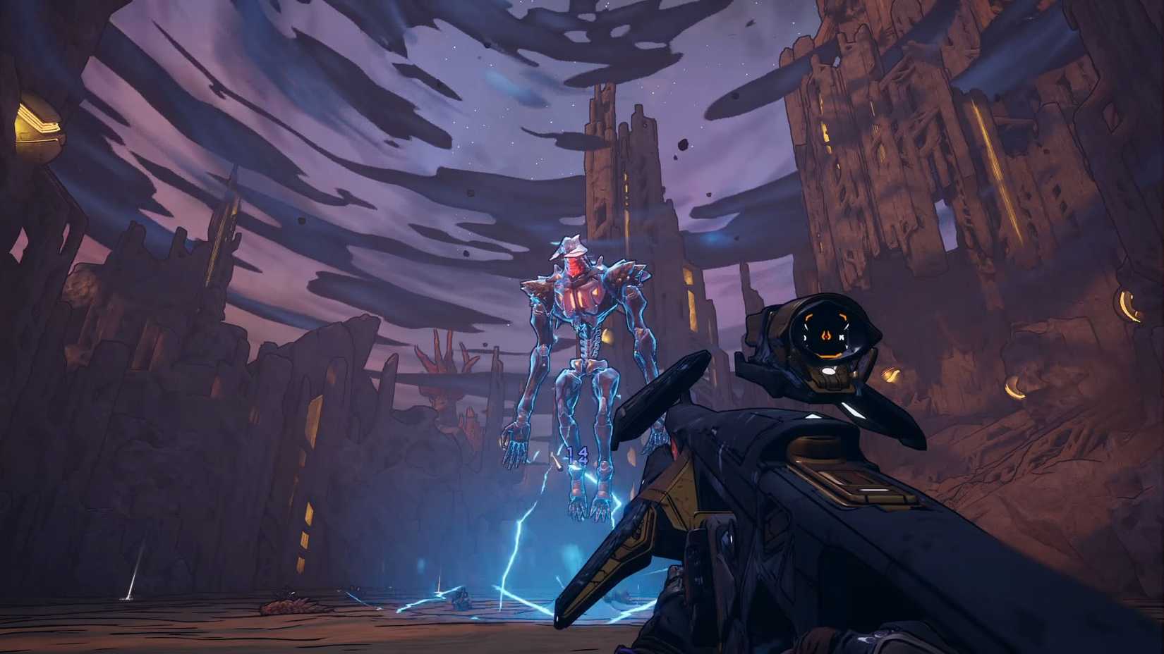 Uma captura de tela de Borderlands 4 mostrando o Radix, o chefe do carcádia queima cofre flutuando no ar com eletricidade saindo de seu corpo