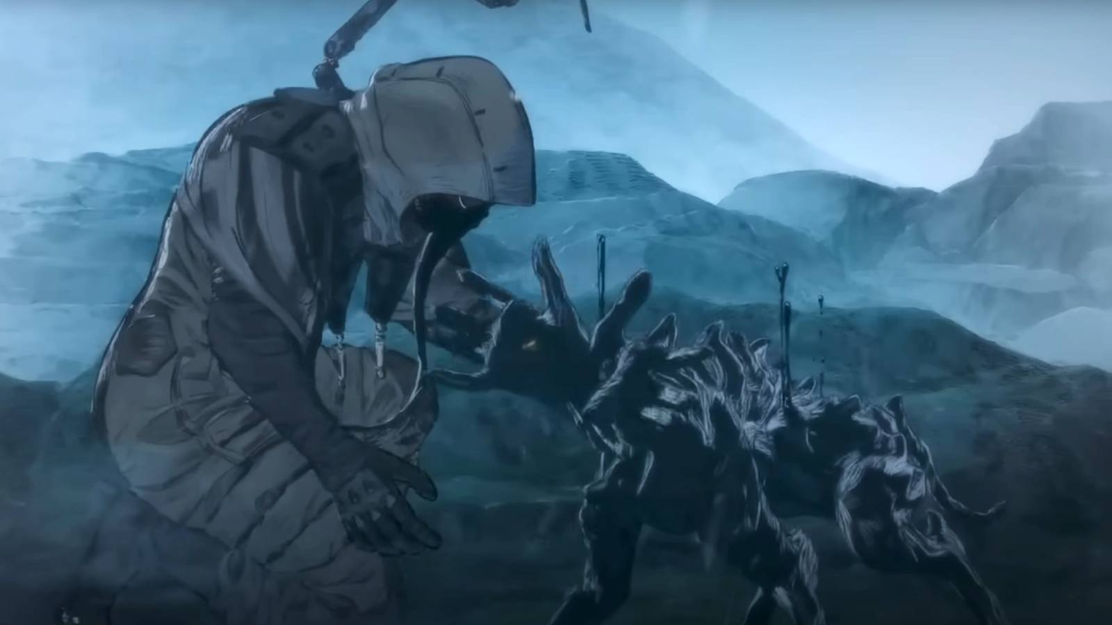 Death Stranding Mosquito Trailer Screenshot com protagonista sem nome acariciando um cachorro BT