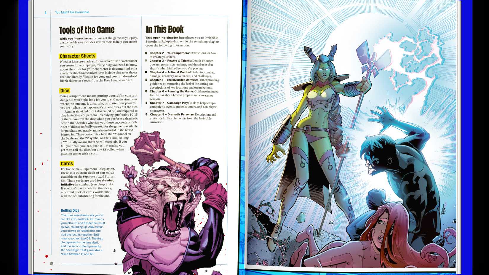 Uma propagação do invencível TTRPG apresenta imagens de Battle Beast e Invincible e Atom Eve lutando contra uma feiticeira