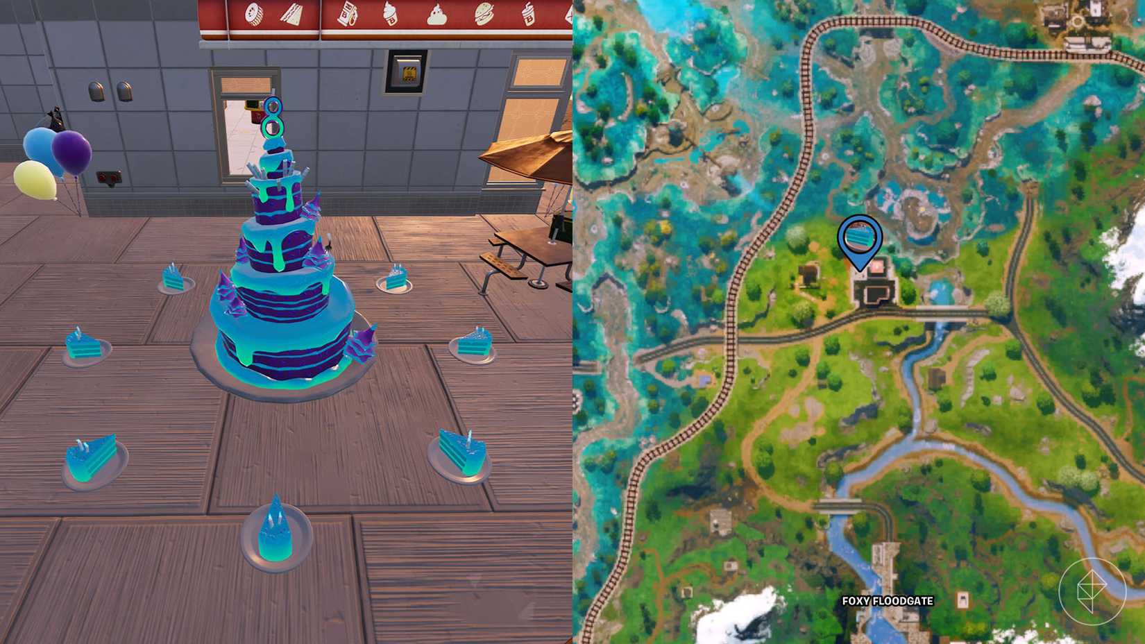 Um bolo de aniversário no posto de gasolina Burd em Fortnite.