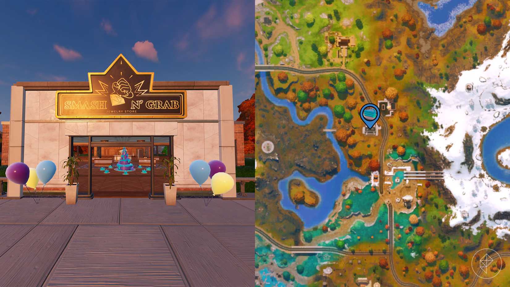 Bolo de aniversário dentro da joalheria Smash n 'Grab em Fortnite Capítulo 6 Temporada 4.