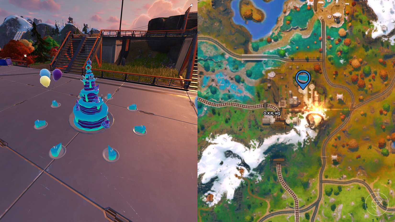 Bolo de aniversário encontrado na sede do OXR no Fortnite, capítulo 6, temporada 4.