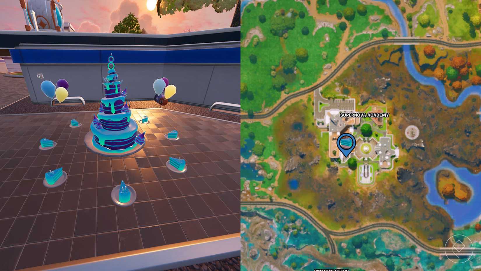 O bolo de aniversário na Academia Supernova em Fortnite.
