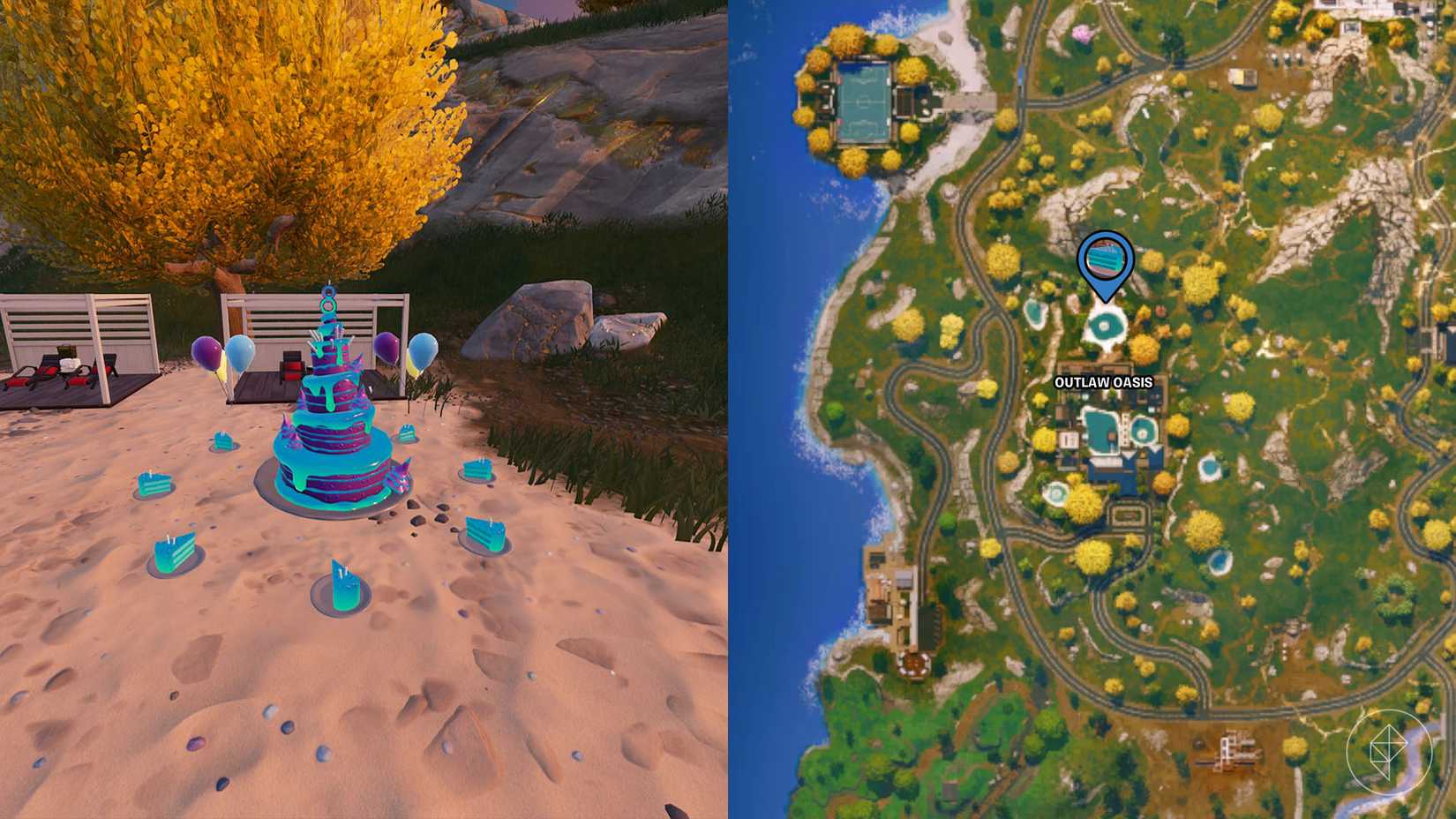 Bolo de aniversário encontrado no Oasis Outlaw em Fortnite.