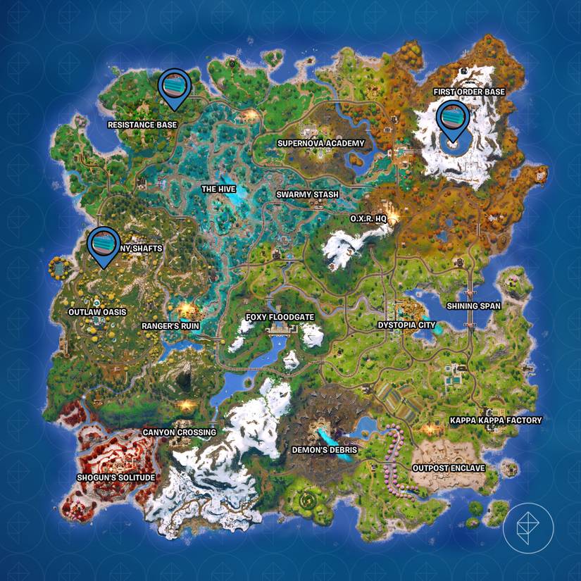 A localização das fatias de bolo de aniversário marcadas no mapa do Fortnite Capítulo 6 Temporada 4.
