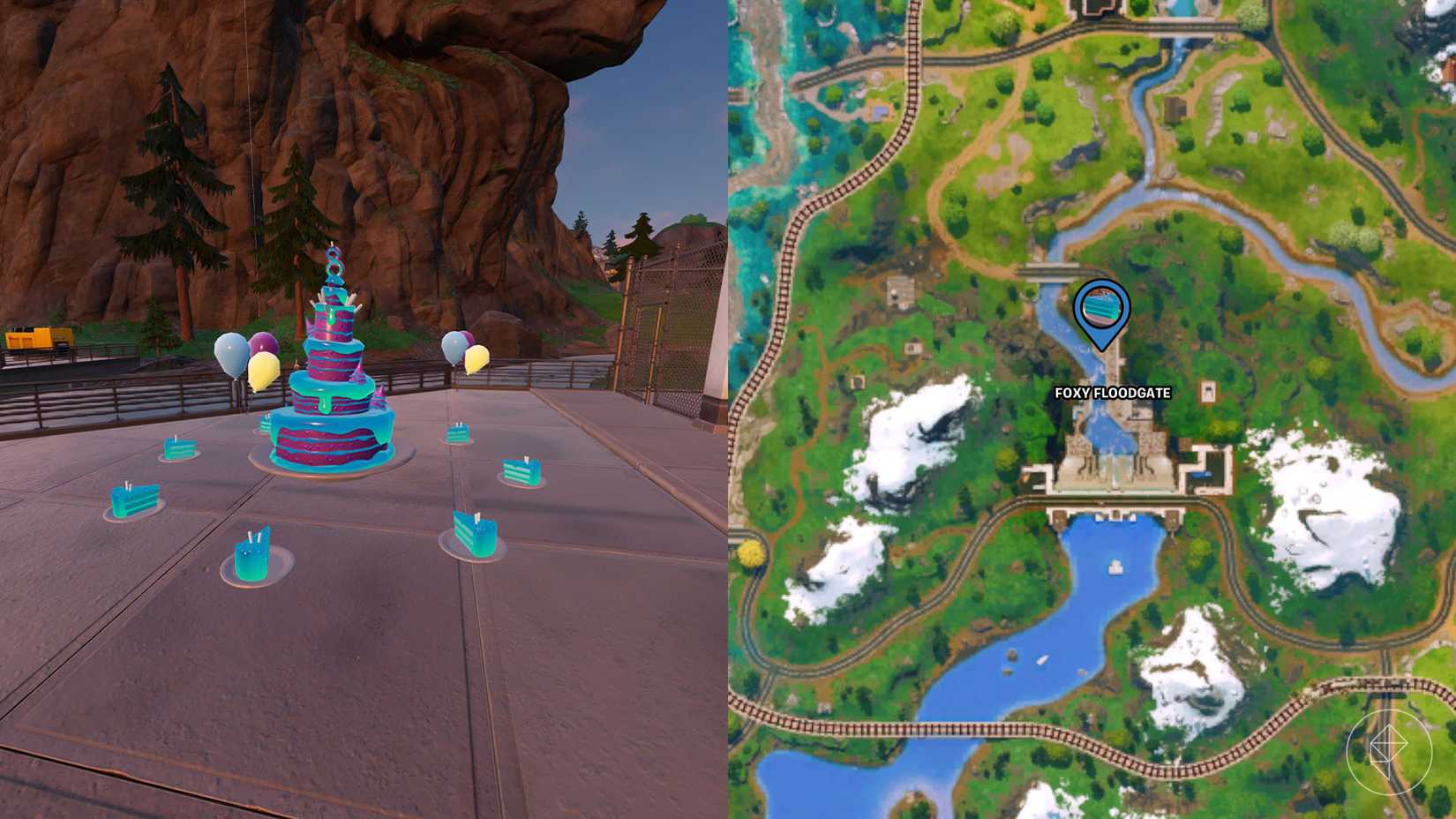 Bolo de aniversário no lado norte da Tocada de Inundação Foxy, em Fortnite.