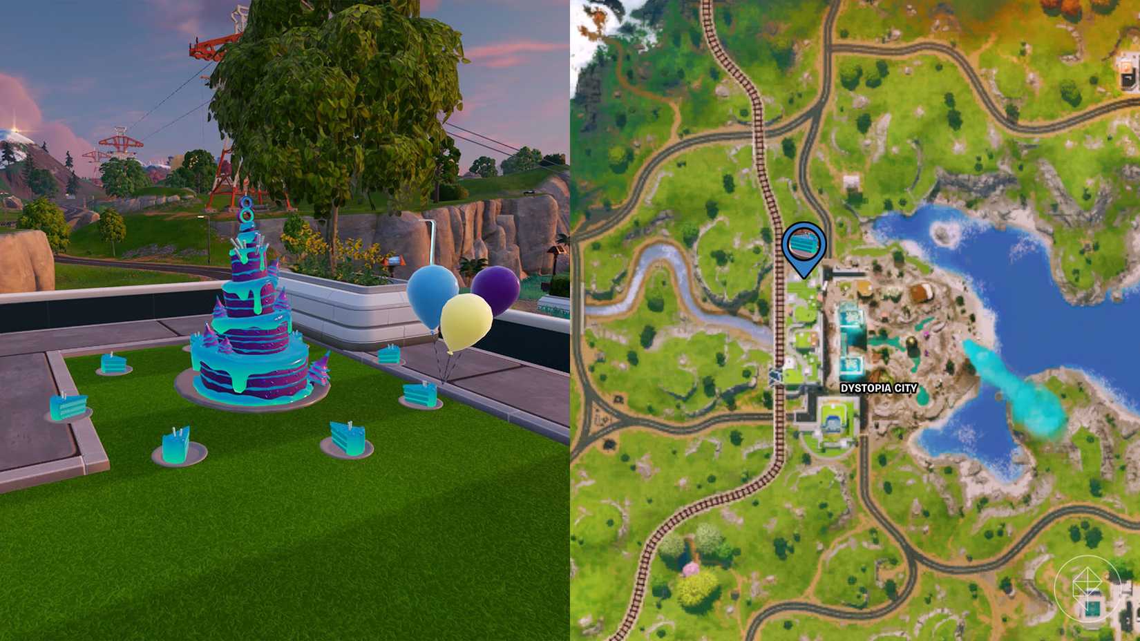 Bolo de aniversário encontrado em um remendo no canto noroeste da cidade de Distopia, em Fortnite.