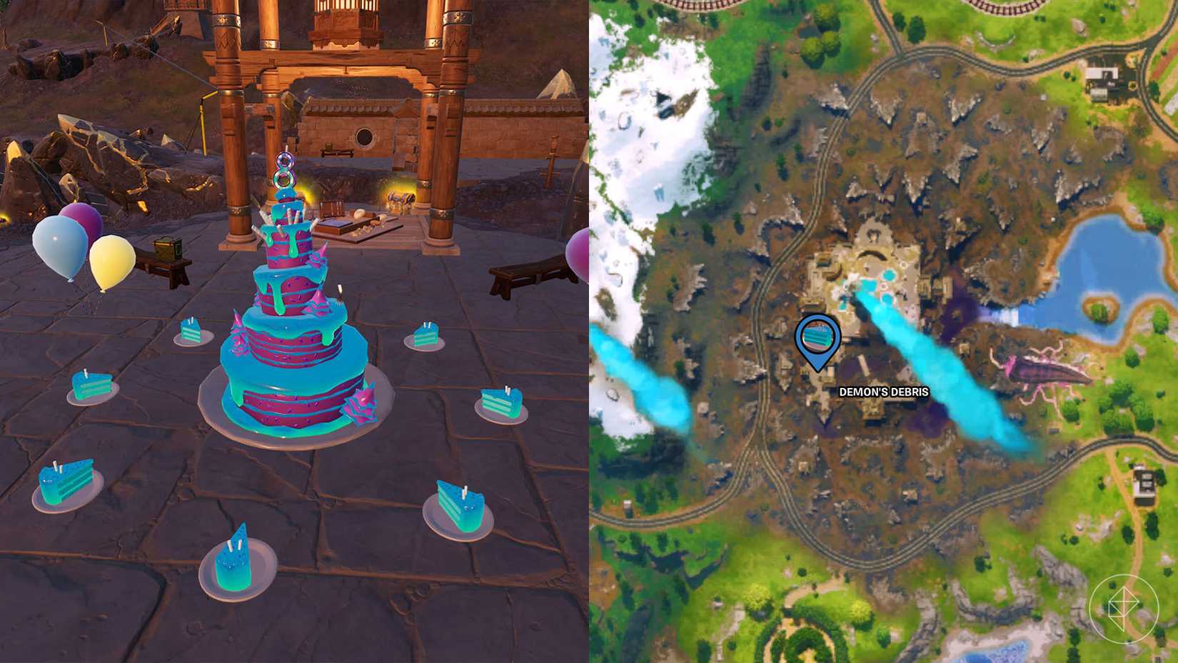 Bolo de aniversário encontrado no Demon's Debris, em Fortnite.