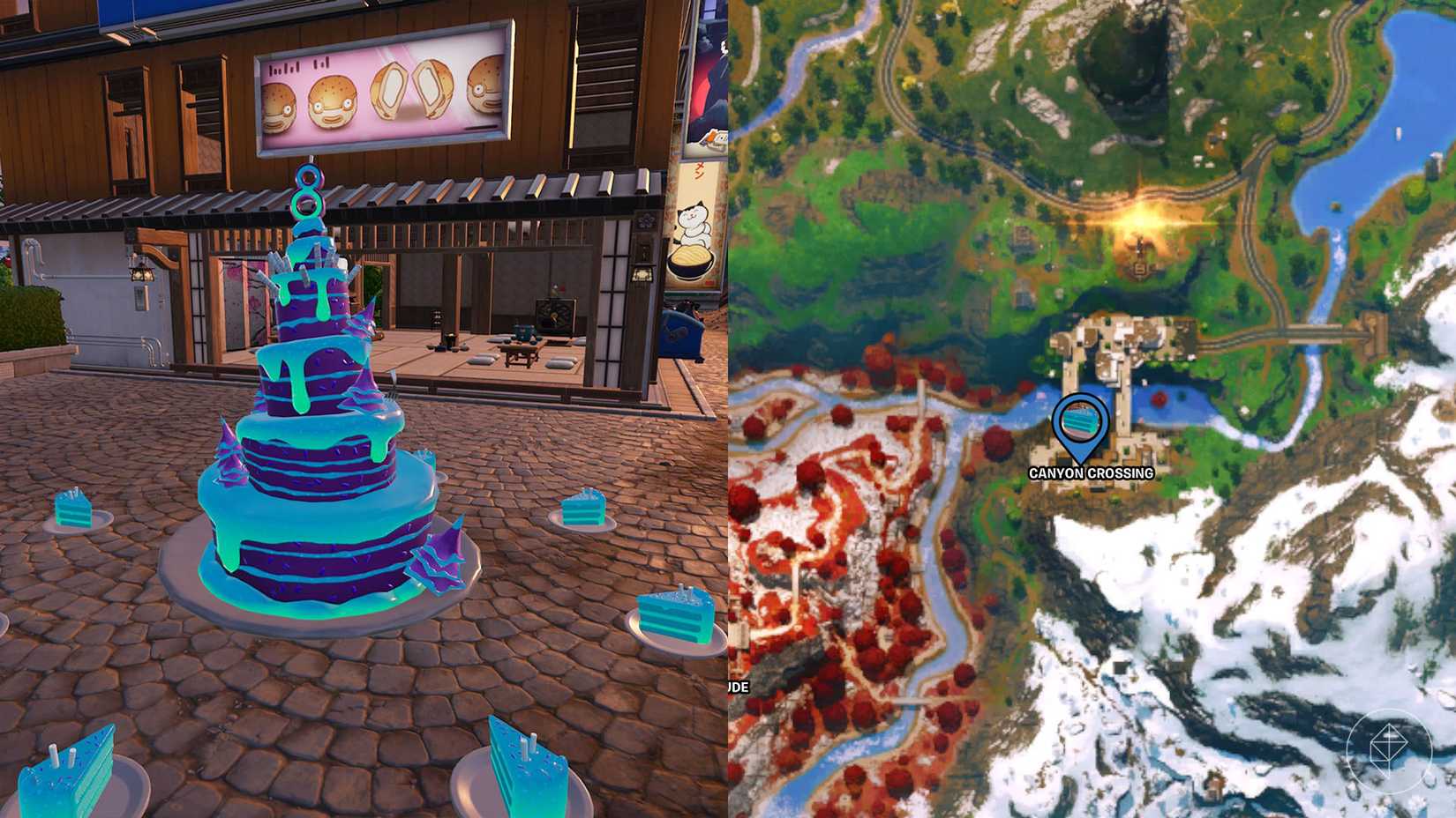 Bolo de aniversário encontrado em Canyon Crossing em Fortnite.